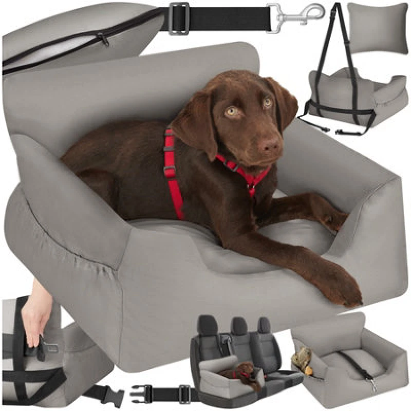 Image of Tectake Dog Car Seat Milow - With Safety Leash, 2 Fastening Straps, Thick Padding, High Sidewalls - Grey