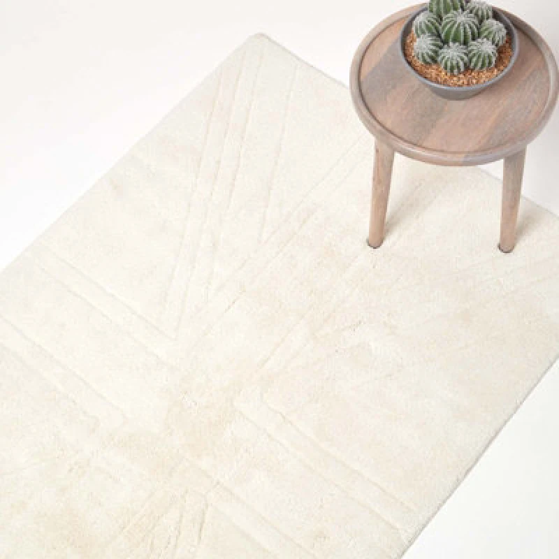 Image of Homescapes Cotton Tufted Rug Union Jack Plain Embossed Mat Ivory Cream,90 X 150Cm