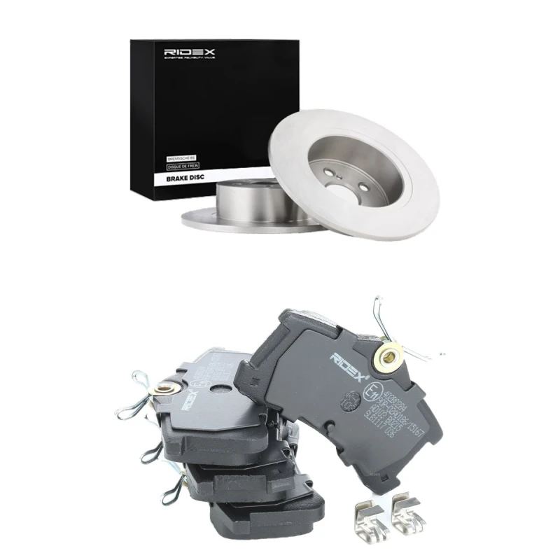 Image of RIDEX 3405B2206 Brake disc and pads set Rear Axle, Brake Disc Type: Solid, with acoustic wear warning Brake Set,disc brakes (3405)