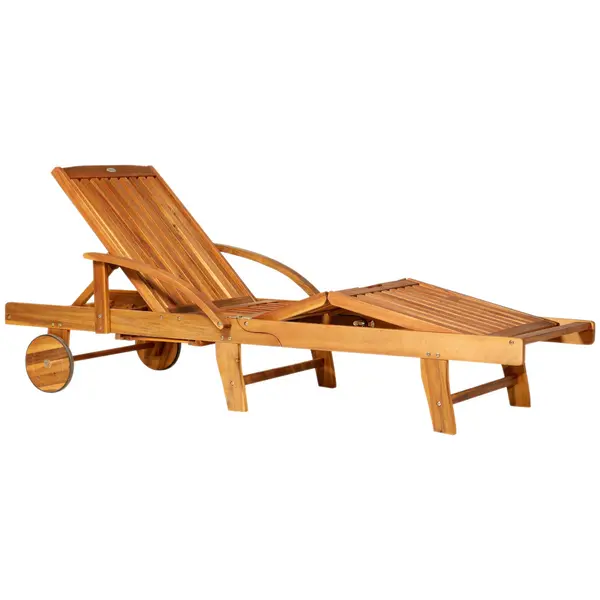 image of Outsunny Outdoor Garden Patio Wooden Sun Lounger Foldable Recliner Deck Chair Day Bed Furniture with Wheels