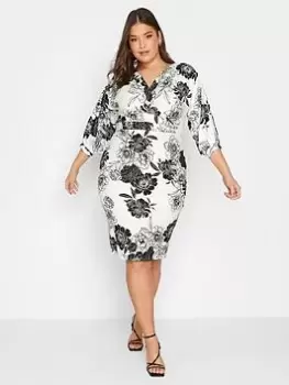 Image of Yours Curve Pleat Drop Shoudler Floral Wrap Dress, White, Size 14, Women