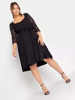 Image of Yours Sequin Lace Sleeve Skater Dress, Black, Size 16, Women
