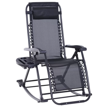 image of Outsunny Garden Rocking Chair Folding Recliner Outdoor Adjustable Sun Lounger Rocker Zero-Gravity Seat with Headrest Side Holder Patio Deck - Black