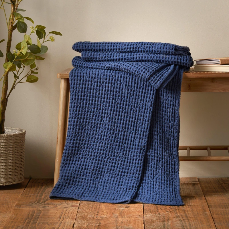 Image of Pineapple Elephant 'Jaipur Chunky Waffle' Cotton Blanket Throw Navy