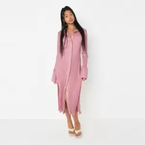 Image of Missguided Fitted Midaxi Shirt Dress Ls Plisse - Pink
