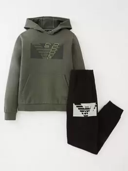 Image of EA7 Emporio Armani Boys Graphic Hoodie & Jogger Set - Khaki/Black, Khaki/Black, Size Age: 10 Years
