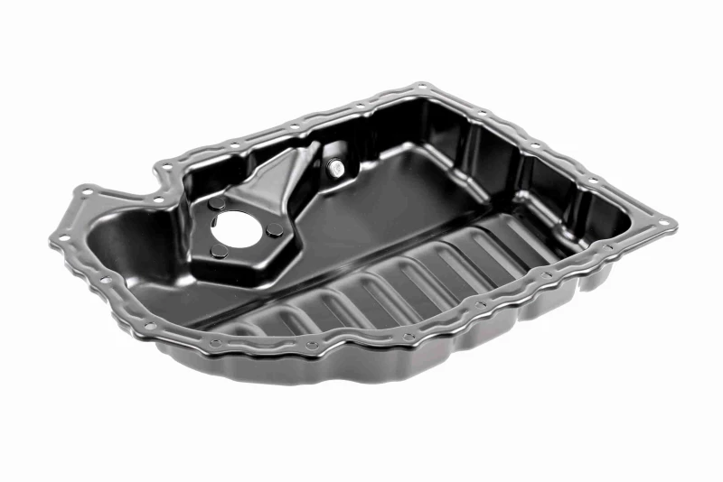 Image of VAICO V10-1899 Oil Sump with bore for oil-level sensor, Sheet Steel, with oil drain plug, Original VAICO Quality Oil Pan (592)
