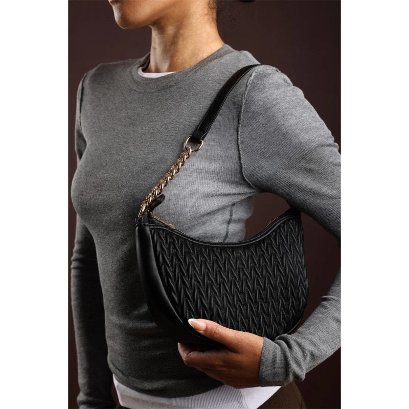 Image of Wheres That From Quilted Crescent Shoulder Bag in Chain Detail Black female One Size