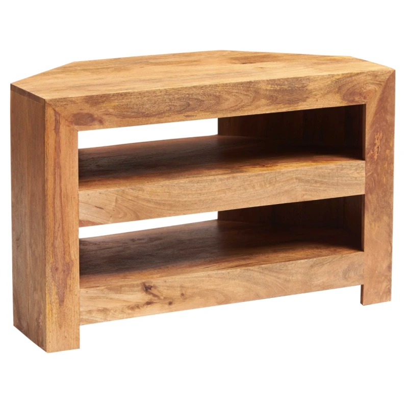 Image of Buttercup Farm Toko Light Mango Open Corner TV Unit - Solid Mango Wood - L54 X W100 X H65 Cm
