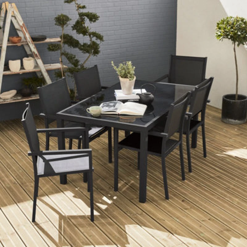Image of Sweeek - 6-Seater Aluminium Garden Table With Textilene Chairs Anthracite 150X90X71cm - Capua 150