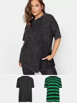 Image of Yours Oversized T-Shirt 2 Pack. Grey Acid/green Jumbo Stripe, Grey, Size 16, Women