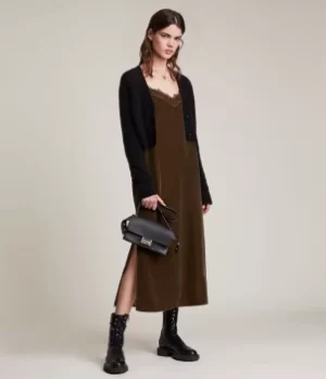 Image of AllSaints Womens Noa Velvet Dress, Khaki Green, Size: 12