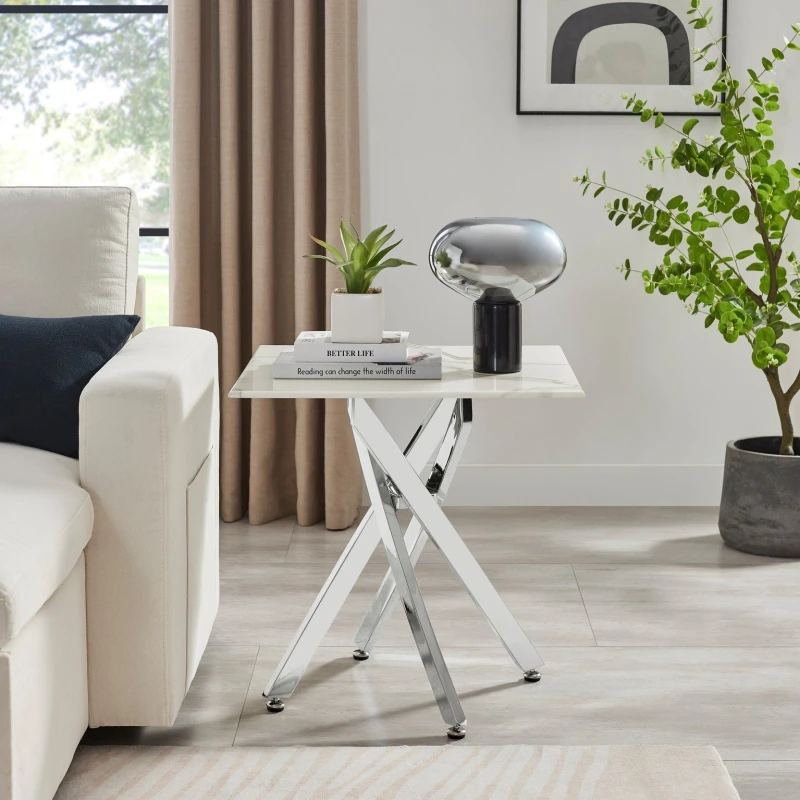 Image of FurnitureboxUK FurnitureboxUK Leonardo Square Marble Effect Glass Top Side Table With Silver Metal Starburst Legs in White White One Size Unisex 50565