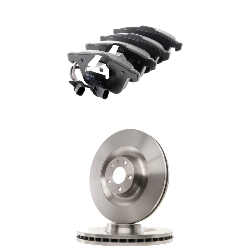 Image of RIDEX 3405B3177 Brake disc and pads set Front Axle, Brake Disc Type: internally vented, incl. wear warning contact Low-Metallic Brake Set,disc brakes