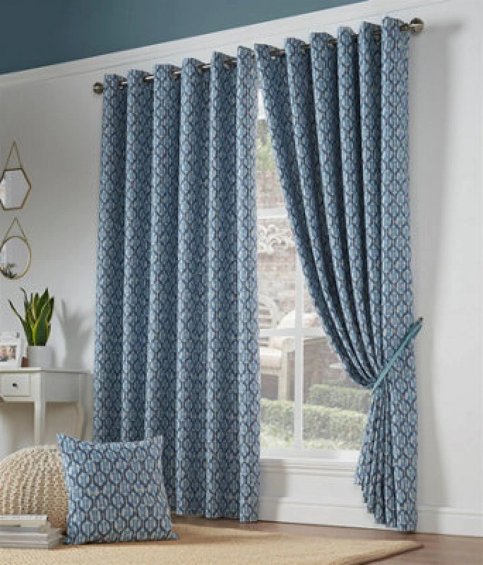 Image of Luxury Living Camb Printed Eyelet Ring Top Curtains Blue