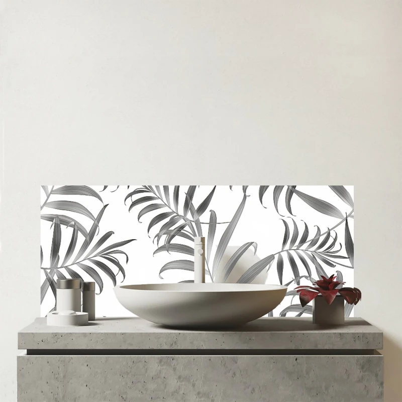 Image of Warren Reed - Designer Hawaiian Style Palm Leaves Glass Bathroom Splashback in Grey Grey Unisex