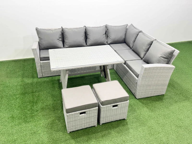 Image of Fimous 8 Seater Garden Outdoor Rattan Furniture Set Oblong Dining Table Set in Light Grey Light Grey Unisex