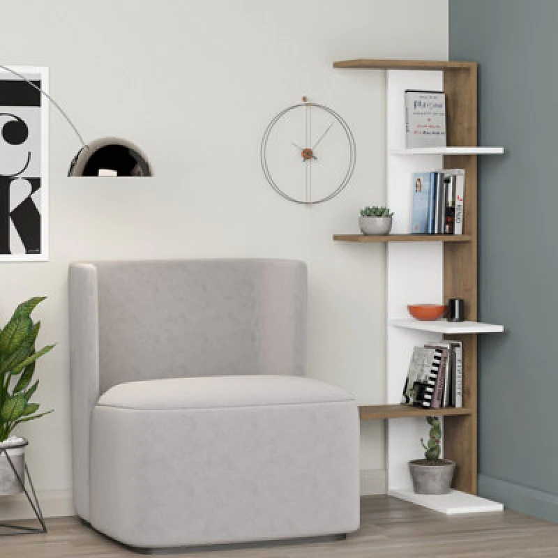 Image of Decortie Corner Bookcase Unit 24X37X141Cm Wall-mounted Shelves Particleboard, White, Dark Oak Effect, Multi 8680812102387