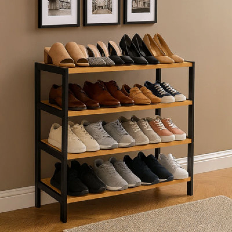 Image of Neo Black/natural 4-Tier Bamboo Shoe Rack Wooden Shoe Storage Organiser Shelf For Hallway, Entrance Living Room