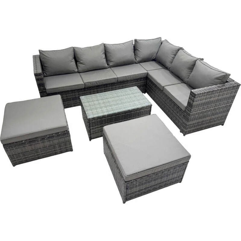 Image of Fimous Rattan Garden Furniture Set with 2 Big Stools Dark Grey Mixed Dark Grey Unisex