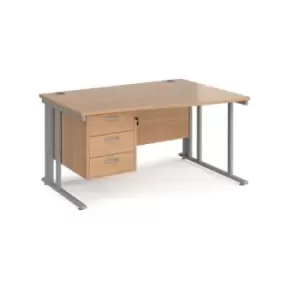 Image of Office Desk Right Hand Wave Desk 1400mm With Pedestal Beech Top With Silver Frame Maestro 25 MCM14WRP3SB