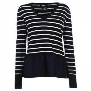 image of DKNY V Neck Stripe Peplum Jumper - NEW NAVY/IVORY