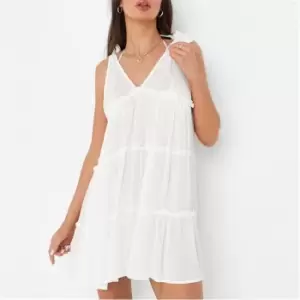 Missguided Cheesecloth Tie Shoulder Tiered Beach Cover Up Mini Dress - White