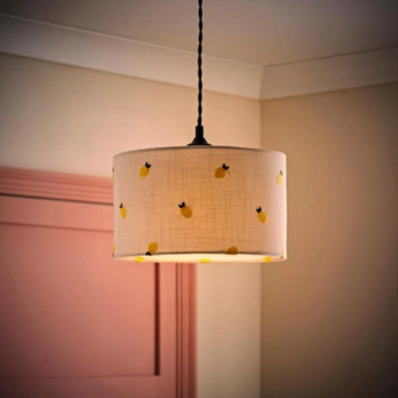 Image of ValueLights Brae Natural White Fabric Lemon Embroidered Drum Lamp Shade with LED Bulb Off White