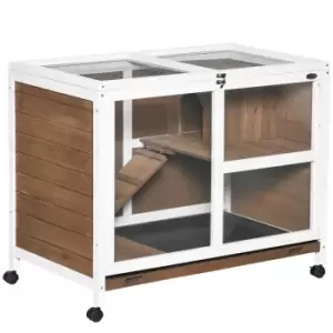 Image of PawHut Wooden Rabbit Hutch Guinea Pigs House Bunny Small Animal Cage W/ Pull-out Tray Openable Roof Wheels 91.5 x 53.3 x 73 cm, Brown