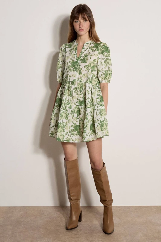 Image of Apricot Womens Floral Print Cotton Mini Dress in Green Size: 10 Green Female 10