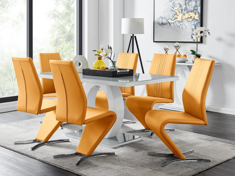 Image of FurnitureboxUK FurnitureboxUK Giovani 6-Seater Grey Glass Dining Table and 6 Willow Faux Leather Dining Chairs in Mustard Mustard One Size Unisex 5056