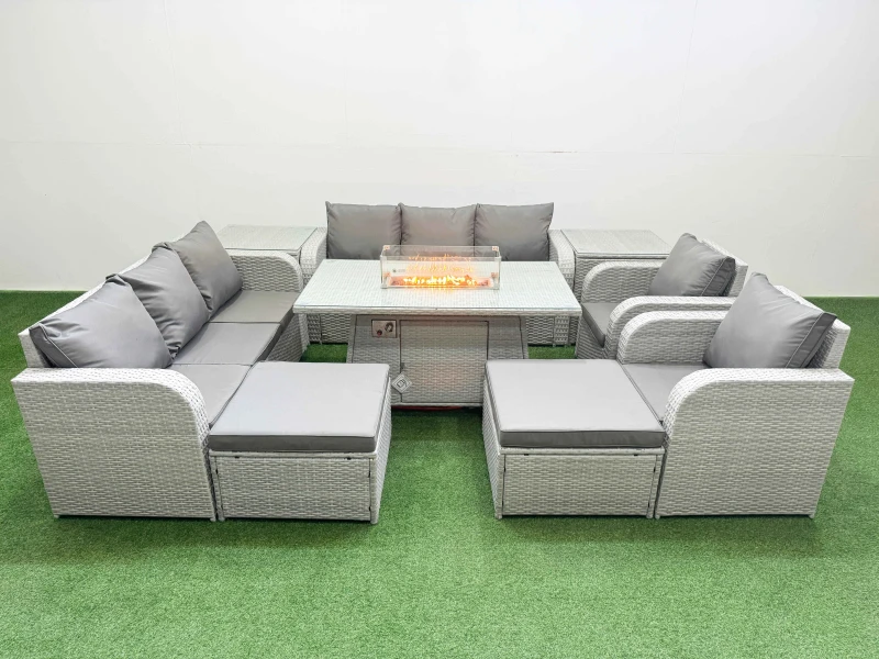 Image of Fimous PE Rattan High Back Lounge Sofa Set Patio Firepit Dining Table & Chairs Set with 3 Seater Sofa Reclining Chair 2 Big Footstool 2 Side Table Lig