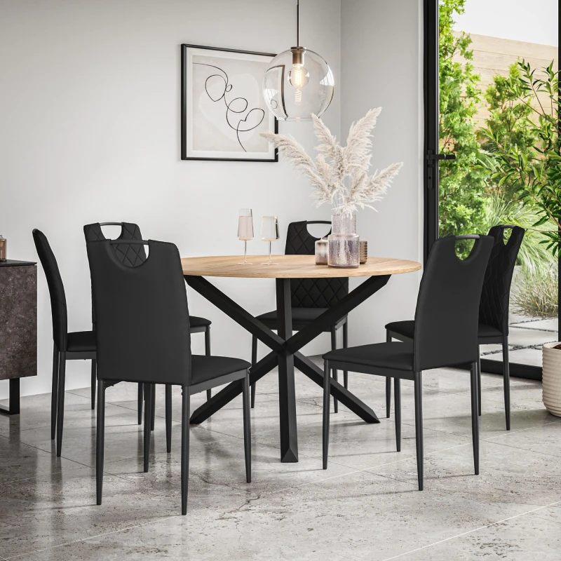 Image of More4Homes Malvern Round Dining Table And Chairs - Oak Table Top W Solid Oak Black Legs + Monza Faux Leather Dining Chair Set Of 6 (Black)