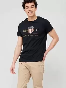 Image of GANT Archive Shield Short Sleeve T-Shirt - Black, Size XL, Men