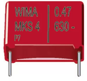 image of MKS thin film capacitor Radial lead 3.3 uF 63 Vdc 20 5mm L x W x H 7.2 x 8.5 x 14mm Wima MKS2C043301K00KSSD 1 pc