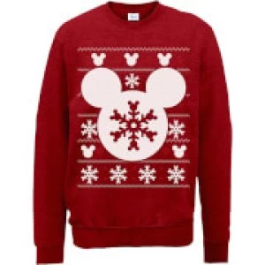 Image of Disney Mickey Mouse Christmas Snowflake Silhouette Red Christmas Sweatshirt - L - Red
