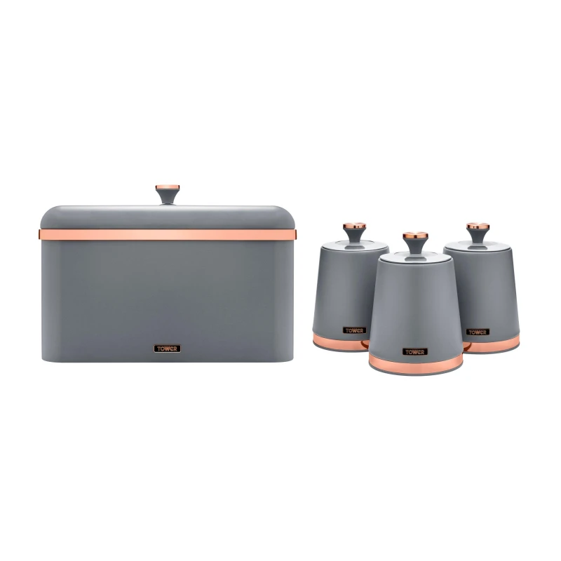 Image of Tower Tower Cavaletto Storage Set of Bread Bin and three Canisters EEJB282 in Grey Grey A Unisex 5056784511954