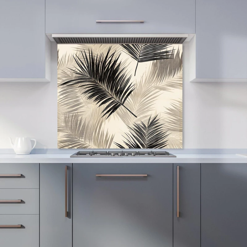Image of Warren Reed - Designer Black & White Tropical Palm Leaves Kitchen Splashback in Grey Size: 600mm x 750mm Grey Unisex 600mm x 750mm