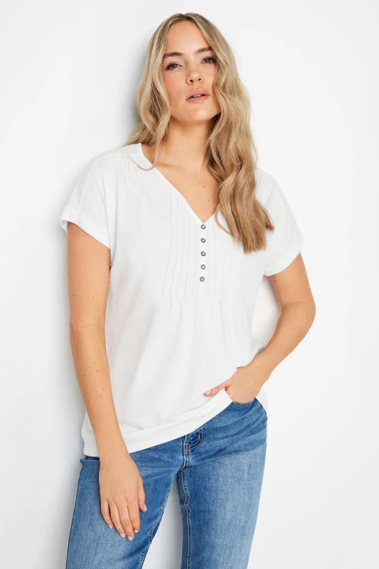 Image of Long Tall Sally Womens Tall Cotton Henley T-Shirt in White Size: 14 White Female 14