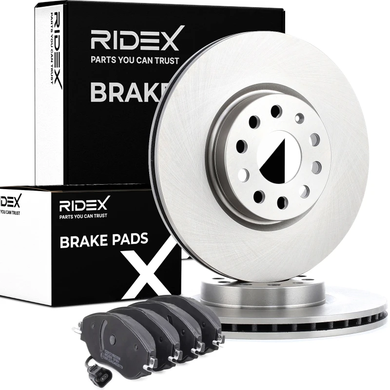 Image of RIDEX 3405B1094 Brake disc and pads set Front Axle, Brake Disc Type: internally vented, incl. wear warning contact Brake Set,disc brakes (3405)
