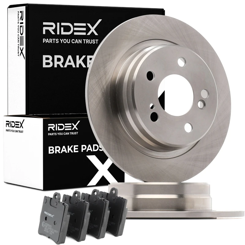 Image of RIDEX 3405B0455 Brake disc and pads set Rear Axle, Brake Disc Type: Solid, excl. wear warning contact Brake Set,disc brakes (3405)