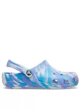 image of Crocs Classic Clog Marble Flat Shoes, White/Blue, Size 7, Women