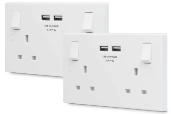 Image of British General 13A 2 Gang Switched Socket with 2x USB-A 3.1A - White. Pack of 2