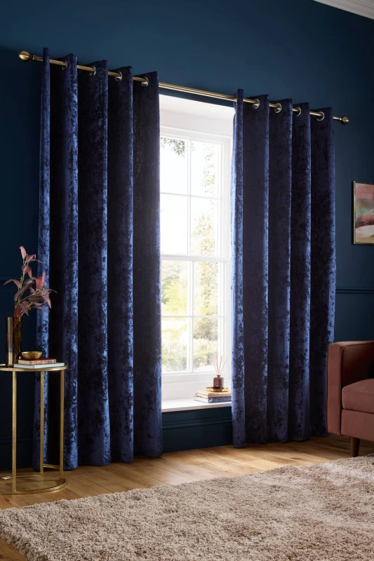 Image of Catherine Lansfield 'Crushed Velvet' Lined Eyelet Curtains in Navy Size: 229cm width x 229cm drop Navy Unisex 229cm width x 229cm drop