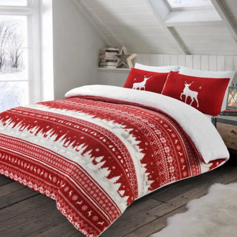 Image of Velosso Teddy Fleece Duvet Cover & Pillowcase Set, Cosy Winter Bedding, Nordic Reindeer Pattern, Festive Scandinavian Style Decor - Red