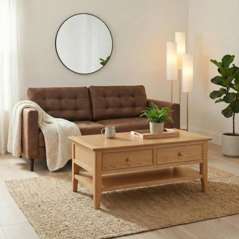 Image of FurnitureboxUK Belle 2 Drawer Rectangular Solid Oak Wood Coffee Table in Light Brown Light Brown Unisex