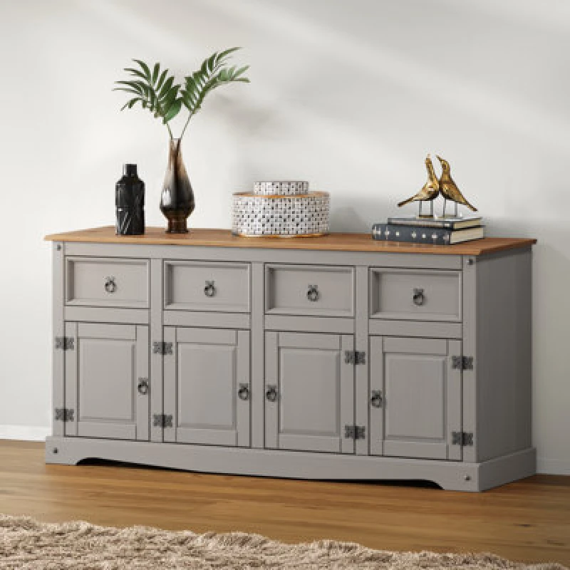 Image of Mercers Furniture Corona Grey Wax 4 Door 4 Drawer Sideboard Cupboard Solid Pine With Mexican Styling, Grey 2TONE123