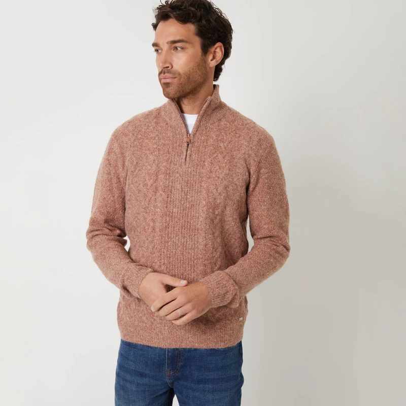 Image of Threadbare 'Rudheath' Cable Knit Detail Quarter Zip Jumper Brown