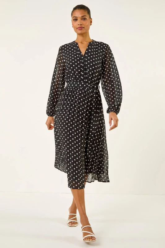 Image of Roman Womens Polka Dot Pleated Midi Dress in Black Size: 16 Black Female 16