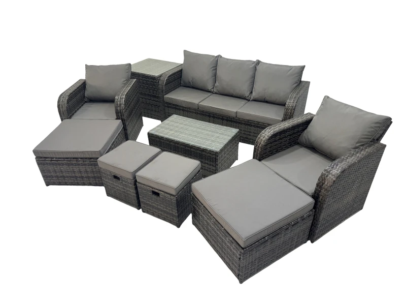 Image of Fimous Outdoor Garden Rattan Furniture Set 9 Seater with 4 Stools Side Table in Dark Grey Dark Grey Unisex
